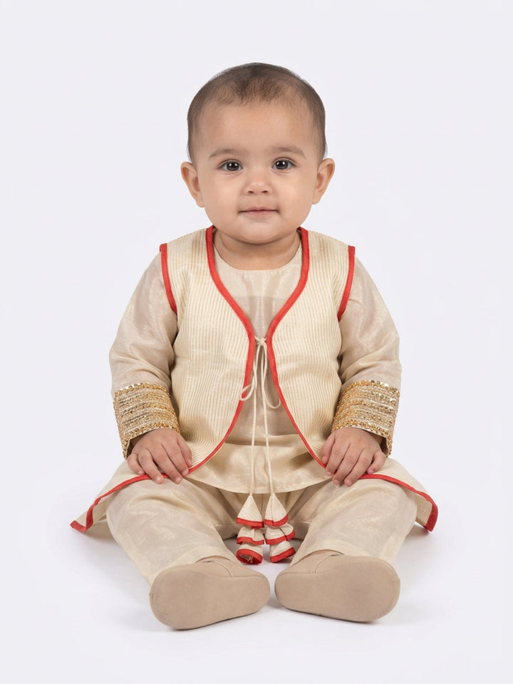 Infant Girls Traditional Beige Straight Kurta with Pant & Sleeveless Jacket | SHOBITAM