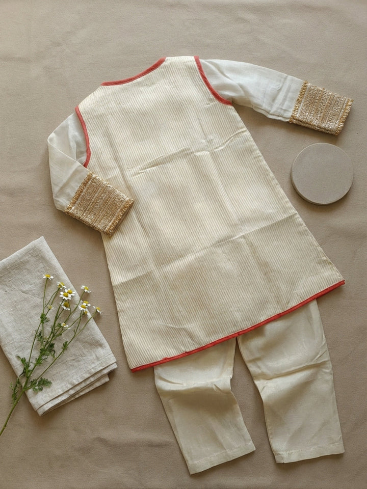 Infant Girls Traditional Beige Straight Kurta with Pant & Sleeveless Jacket | SHOBITAM