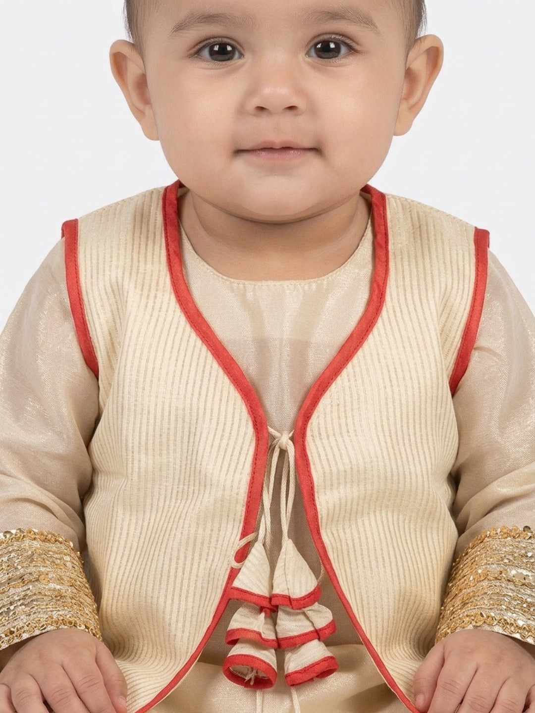 Infant Girls Traditional Beige Straight Kurta with Pant & Sleeveless Jacket | SHOBITAM
