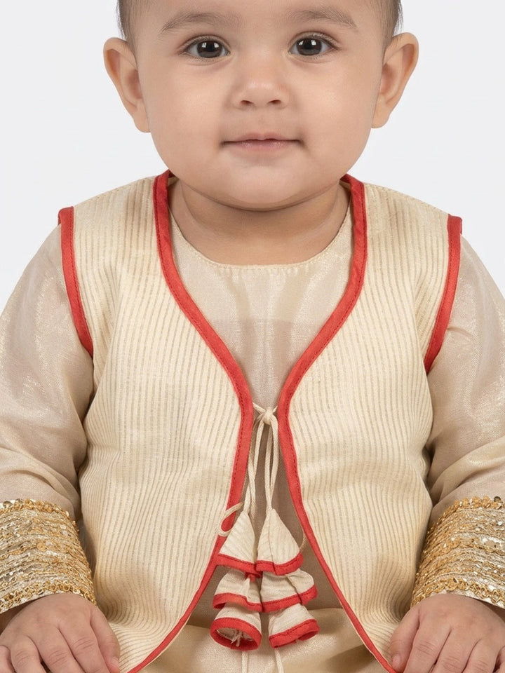 Infant Girls Traditional Beige Straight Kurta with Pant & Sleeveless Jacket | SHOBITAM