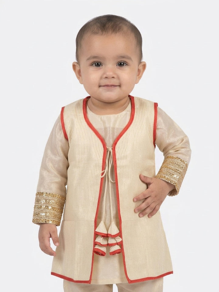 Infant Girls Traditional Beige Straight Kurta with Pant & Sleeveless Jacket | SHOBITAM