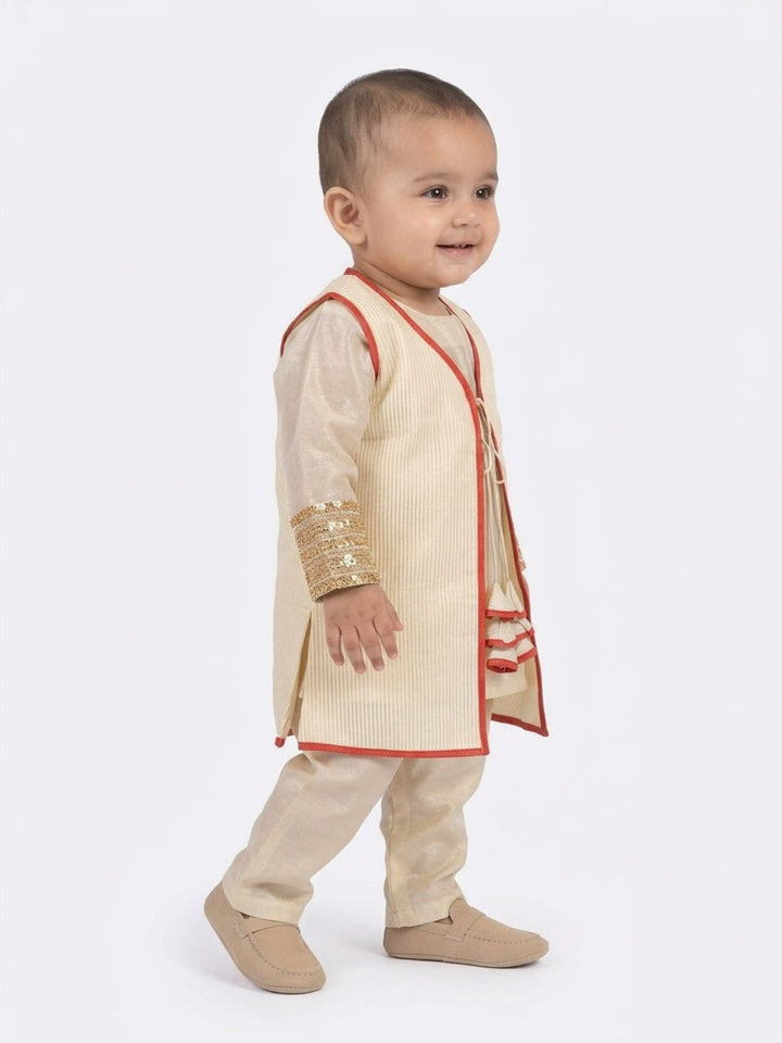 Infant Girls Traditional Beige Straight Kurta with Pant & Sleeveless Jacket | SHOBITAM
