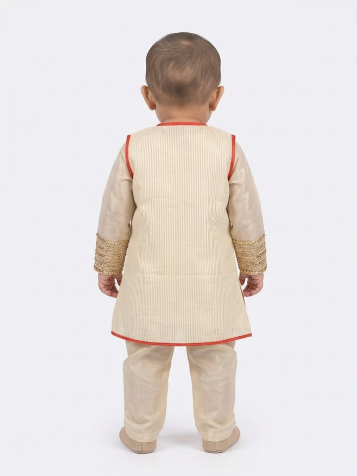 Infant Girls Traditional Beige Straight Kurta with Pant & Sleeveless Jacket | SHOBITAM
