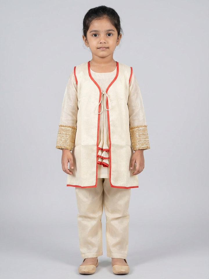 Girls Traditional Beige Straight Kurta with Pant & Sleeveless Jacket | SHOBITAM