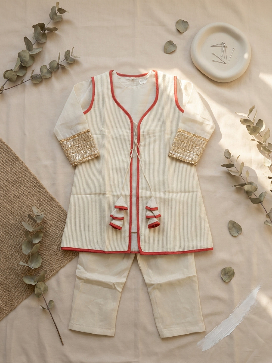 Girls Traditional Beige Straight Kurta with Pant & Sleeveless Jacket | SHOBITAM
