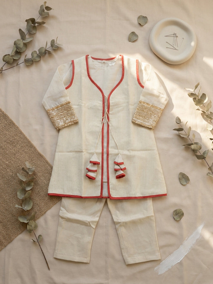 Girls Traditional Beige Straight Kurta with Pant & Sleeveless Jacket | SHOBITAM