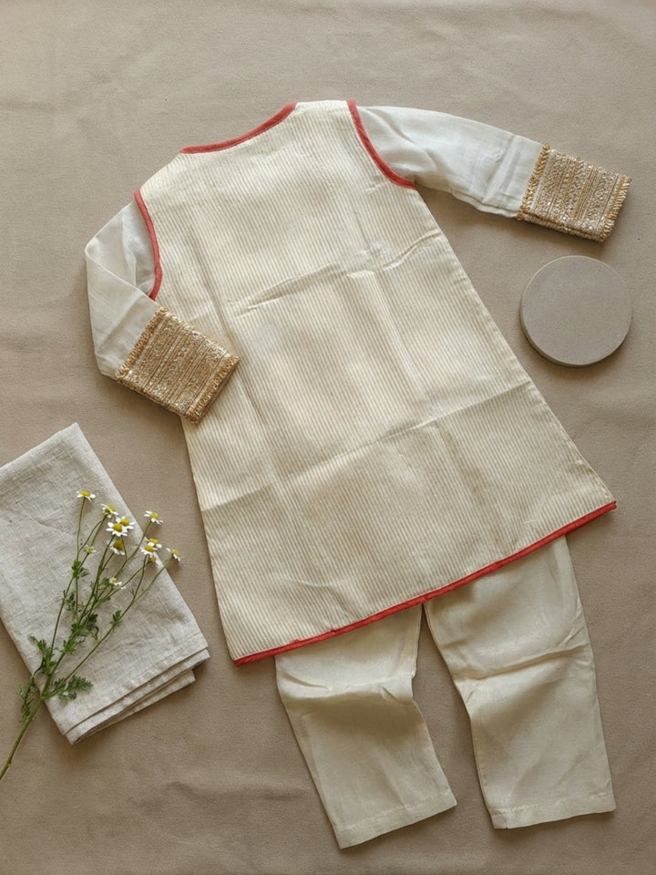 Girls Traditional Beige Straight Kurta with Pant & Sleeveless Jacket | SHOBITAM