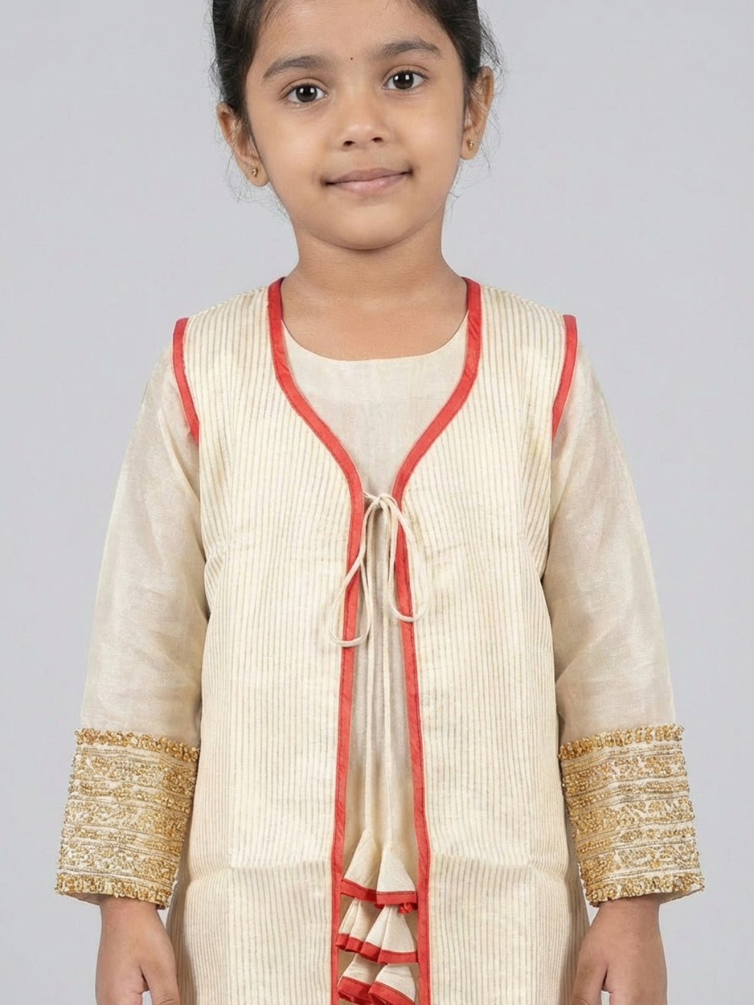 Girls Traditional Beige Straight Kurta with Pant & Sleeveless Jacket | SHOBITAM