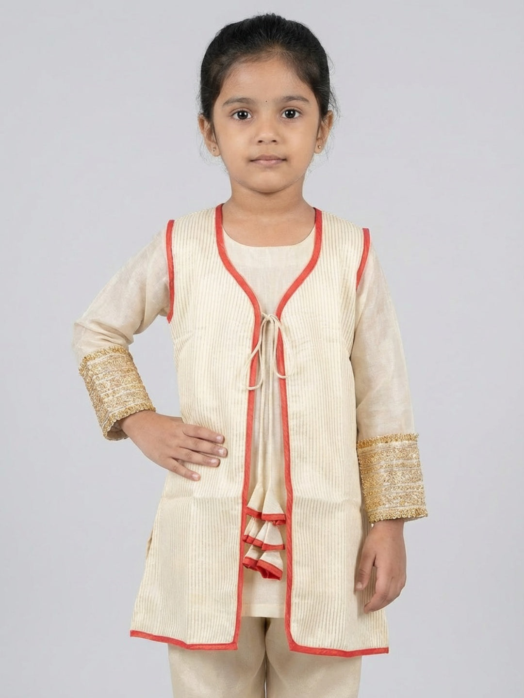 Girls Traditional Beige Straight Kurta with Pant & Sleeveless Jacket | SHOBITAM