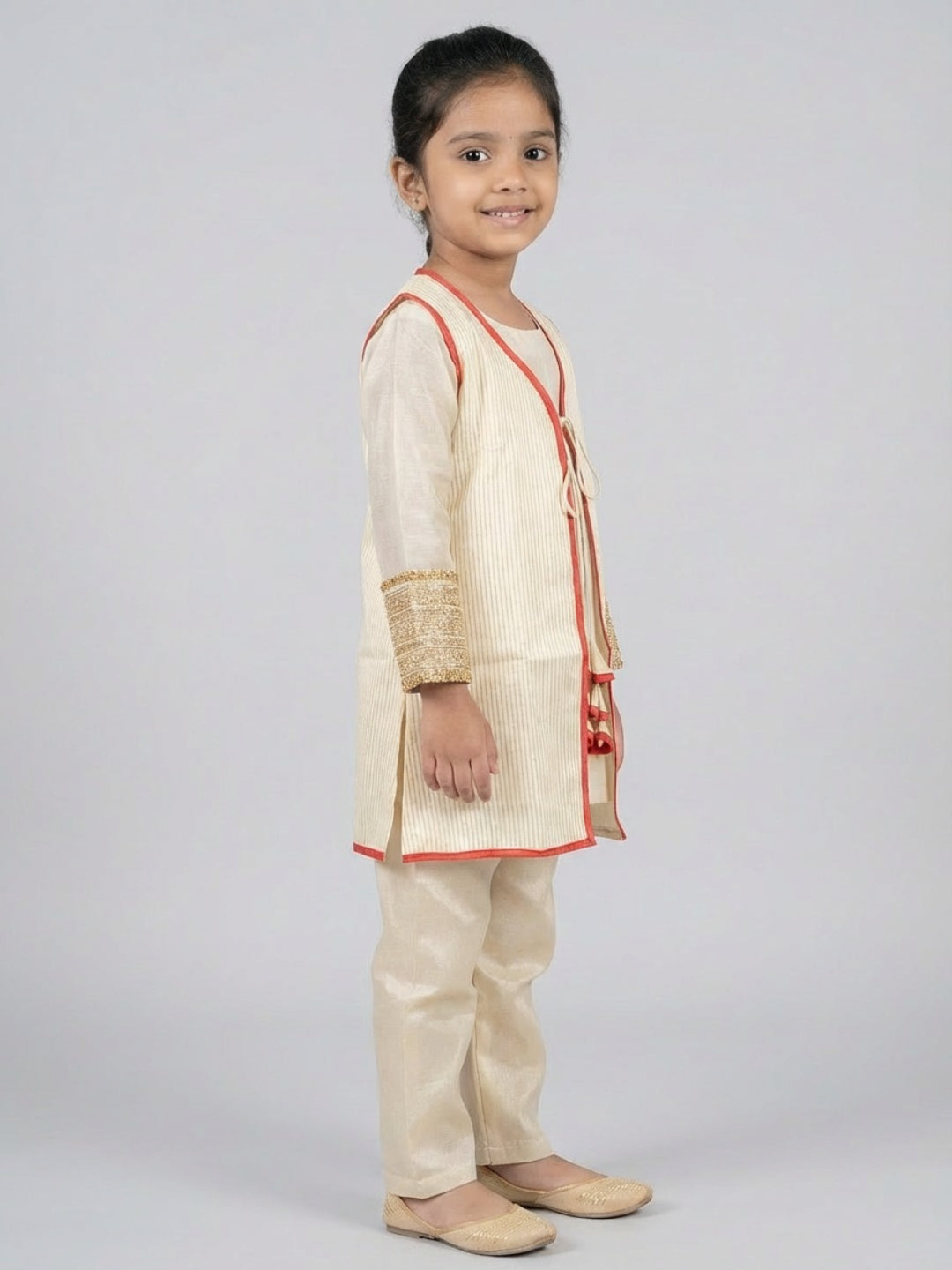 Girls Traditional Beige Straight Kurta with Pant & Sleeveless Jacket | SHOBITAM