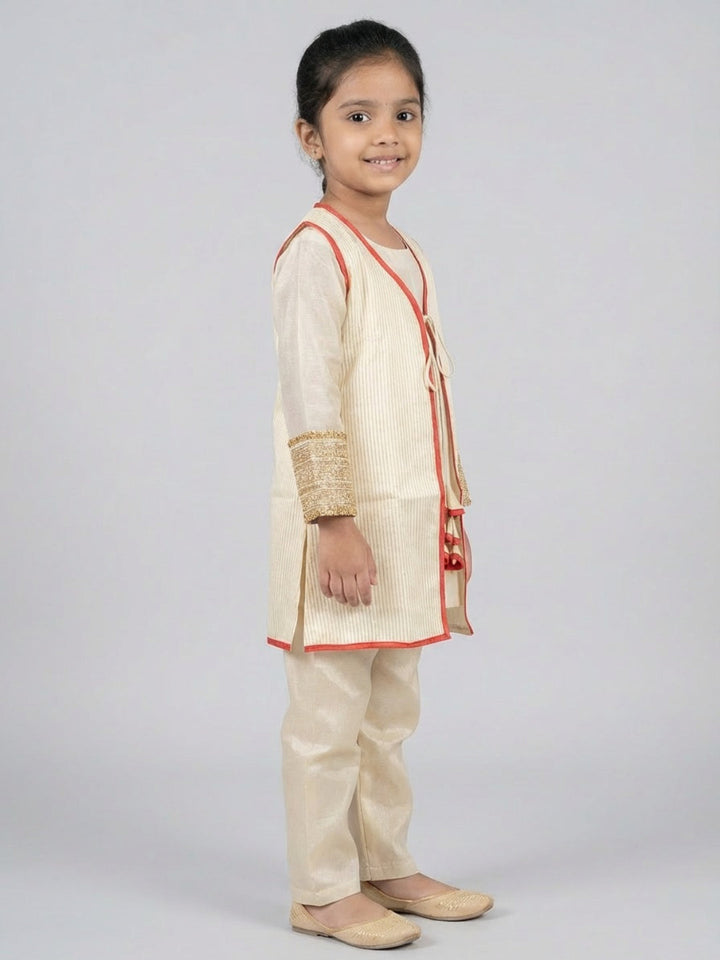Girls Traditional Beige Straight Kurta with Pant & Sleeveless Jacket | SHOBITAM