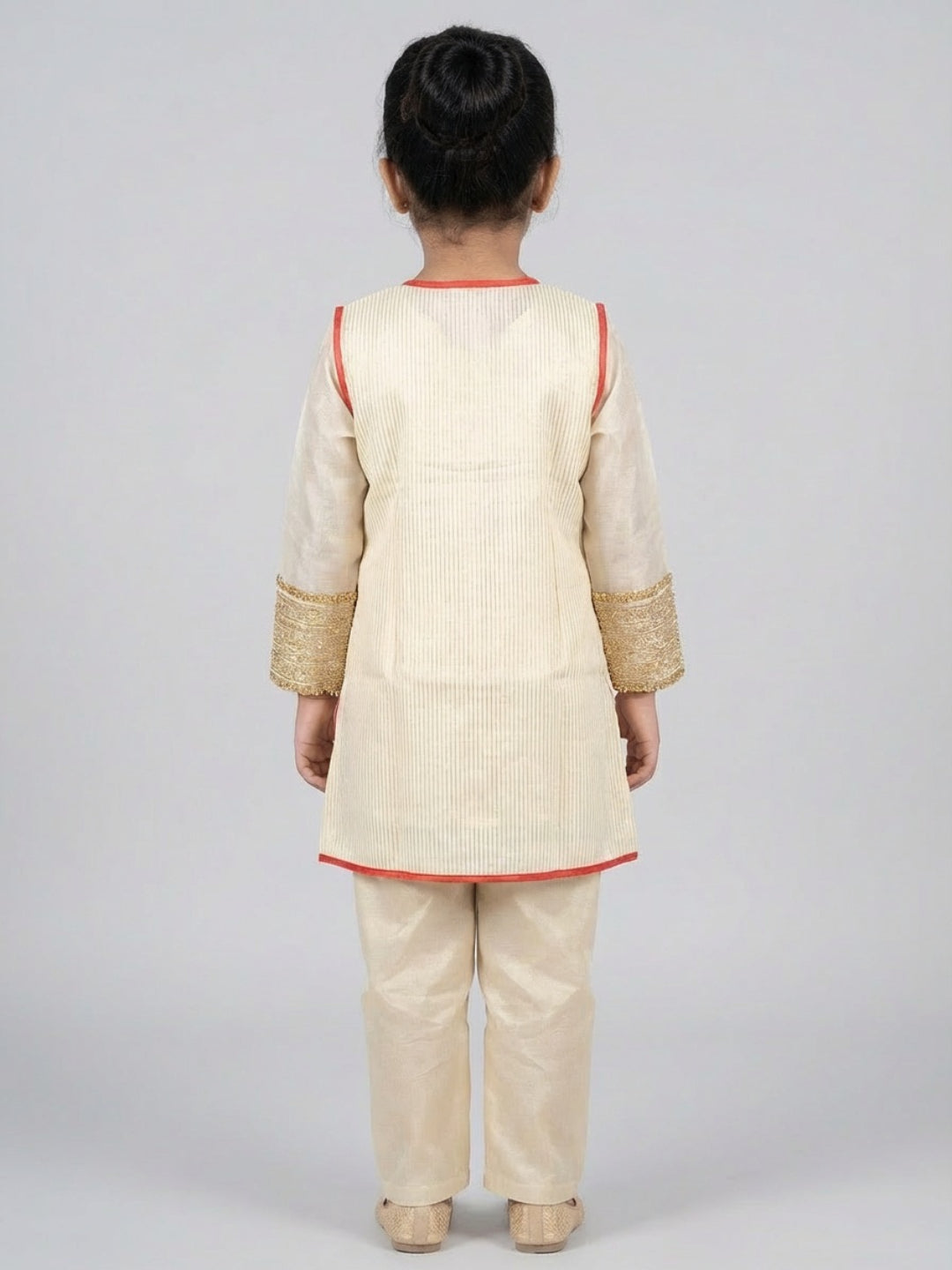 Girls Traditional Beige Straight Kurta with Pant & Sleeveless Jacket | SHOBITAM