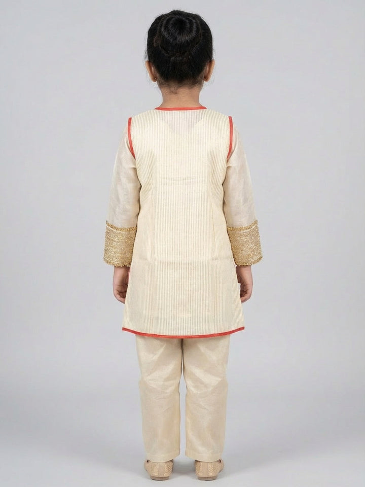 Girls Traditional Beige Straight Kurta with Pant & Sleeveless Jacket | SHOBITAM