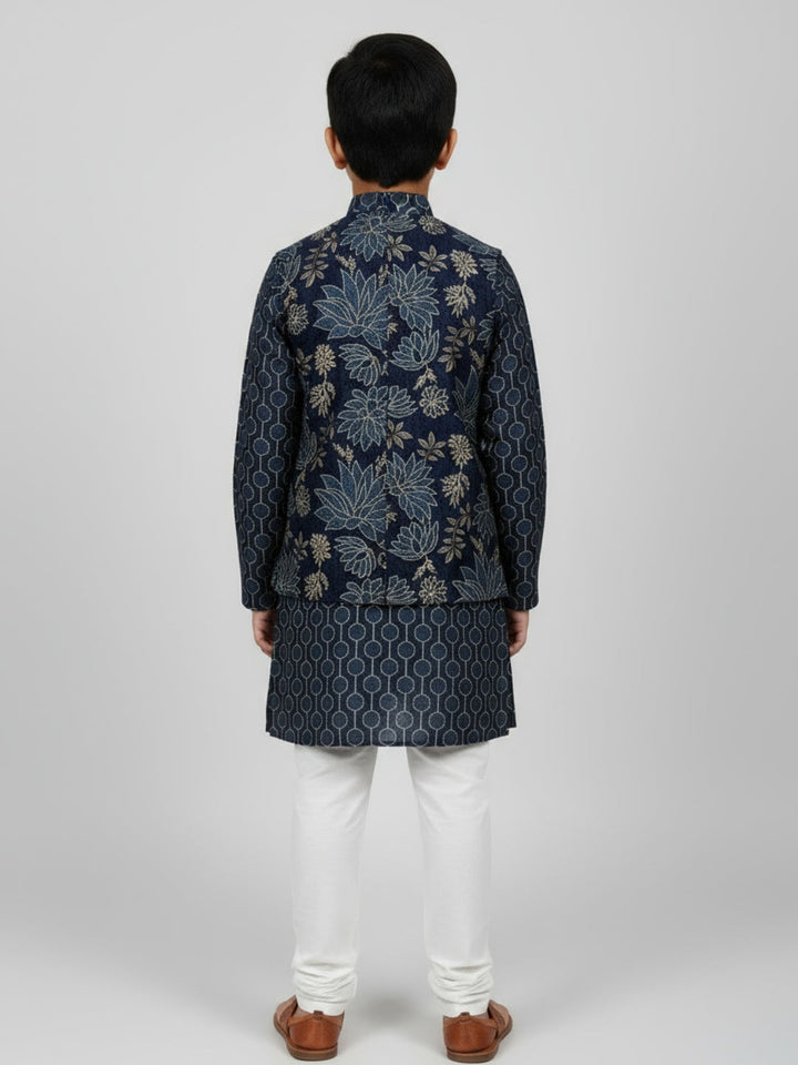 Boys Printed Kurta with Jacket and White Churidar Set