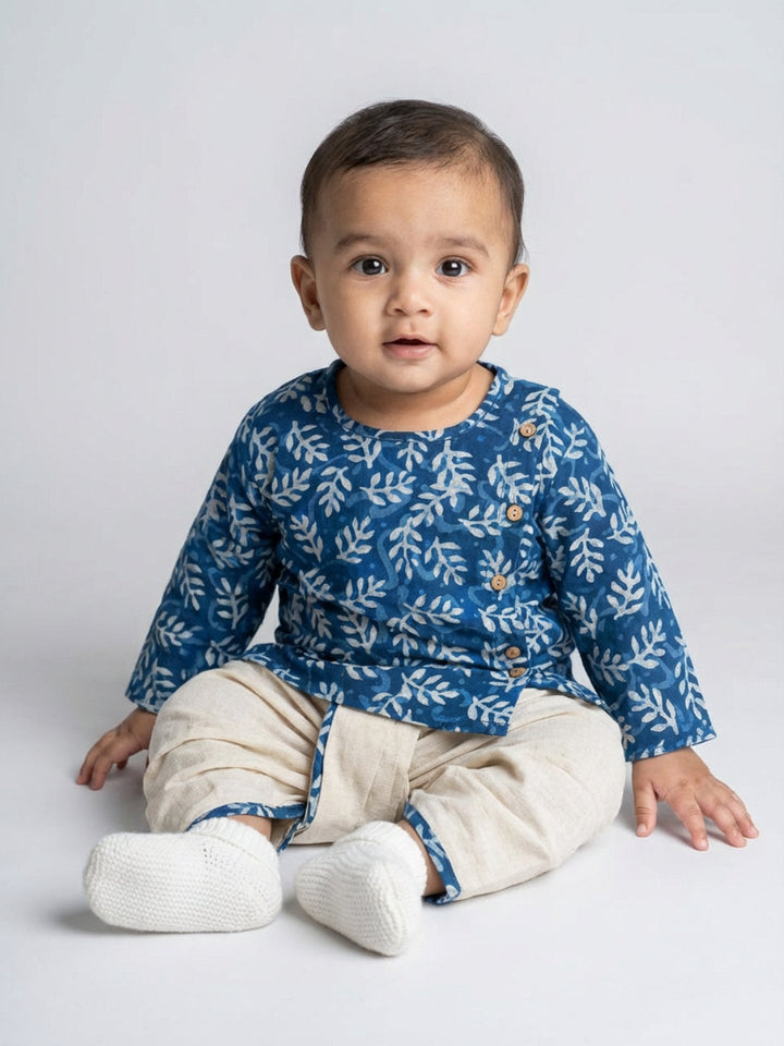 Boys Blue Round Neck Full Sleeves Angrakha Kurta and Dhoti Pants Set | SHOBITAM