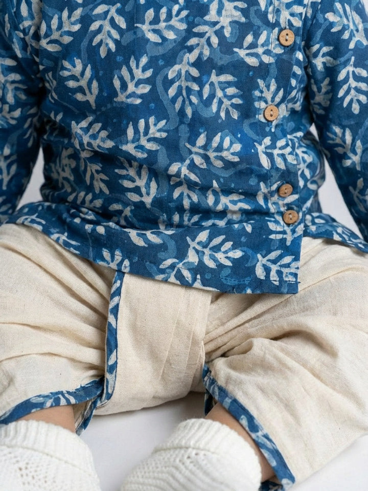 Boys Blue Round Neck Full Sleeves Angrakha Kurta and Dhoti Pants Set | SHOBITAM