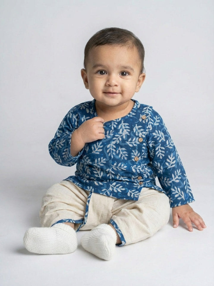 Boys Blue Round Neck Full Sleeves Angrakha Kurta and Dhoti Pants Set | SHOBITAM