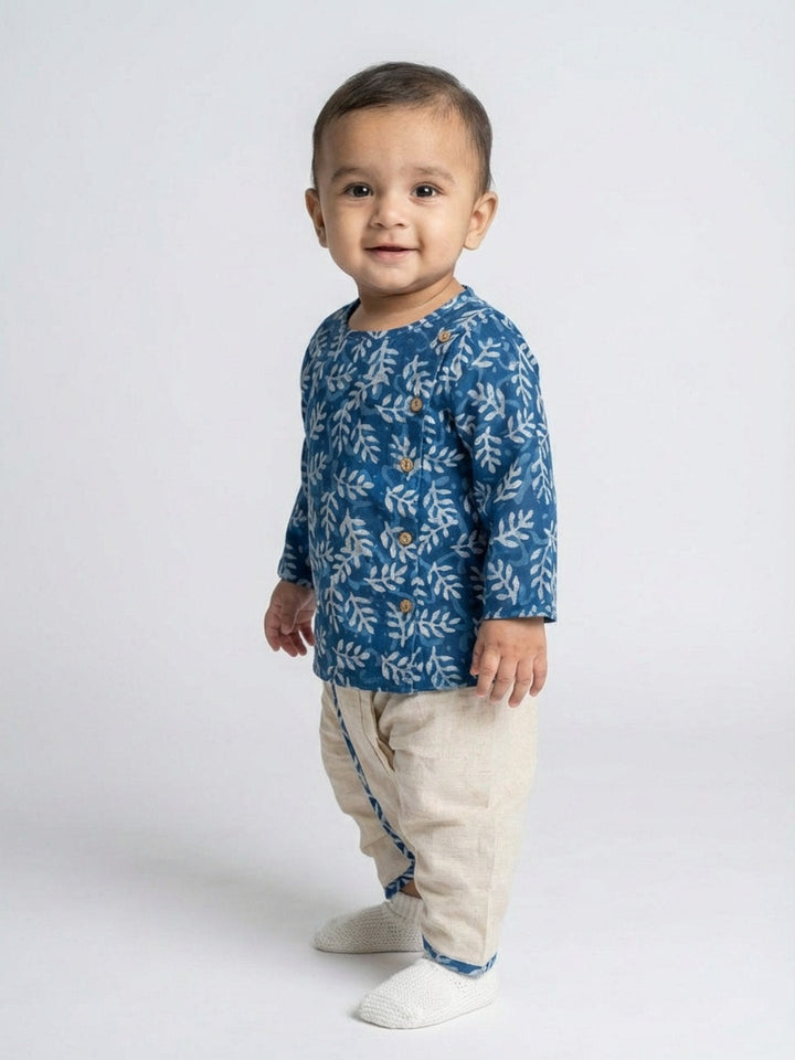 Boys Blue Round Neck Full Sleeves Angrakha Kurta and Dhoti Pants Set | SHOBITAM