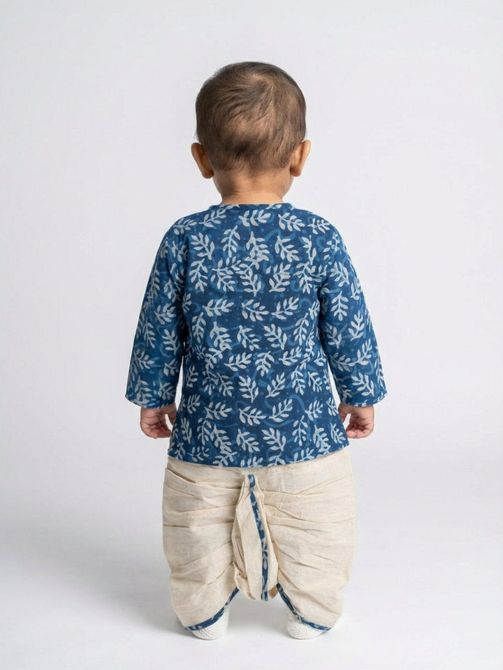 Boys Blue Round Neck Full Sleeves Angrakha Kurta and Dhoti Pants Set | SHOBITAM