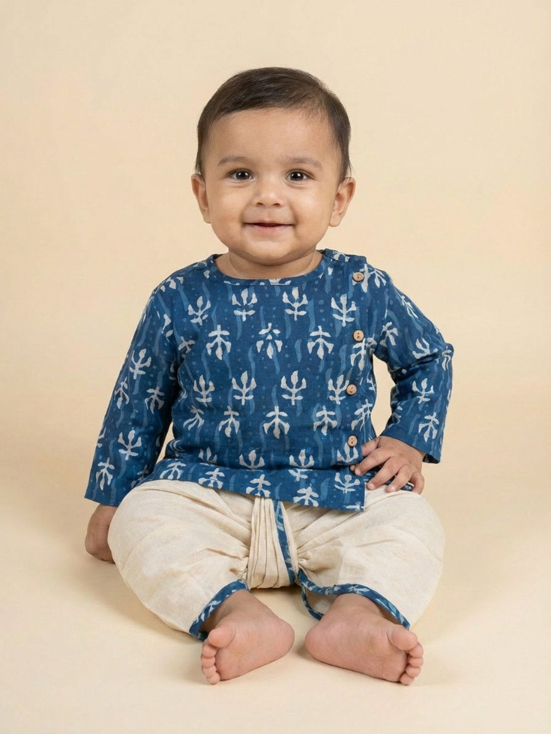 Boys Blue Round Neck Full Sleeves Angrakha Kurta and Dhoti Pants Set | SHOBITAM
