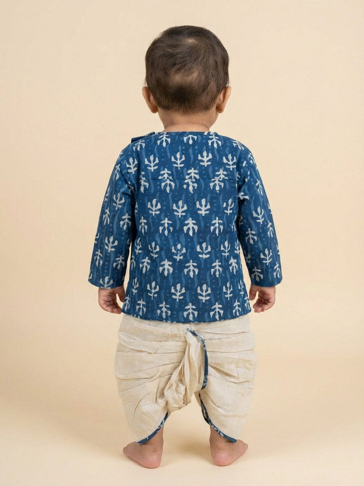 Boys Blue Round Neck Full Sleeves Angrakha Kurta and Dhoti Pants Set | SHOBITAM