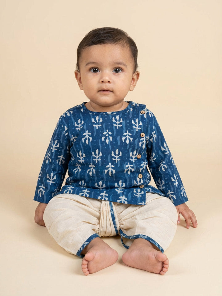 Boys Blue Round Neck Full Sleeves Angrakha Kurta and Dhoti Pants Set | SHOBITAM