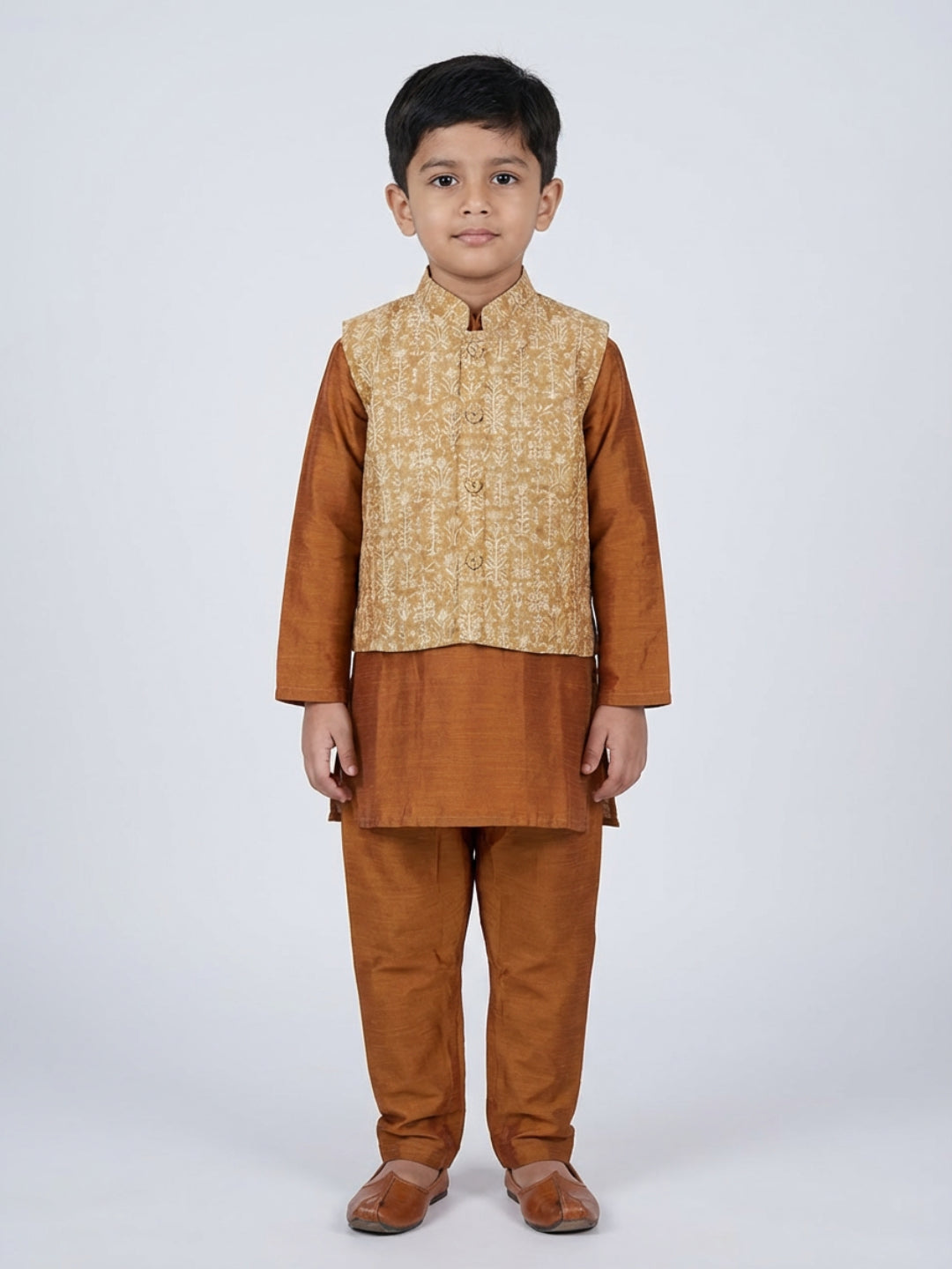 Boys Solid Brown Straight Kurta & Pyjama Set with Nehru Jacket