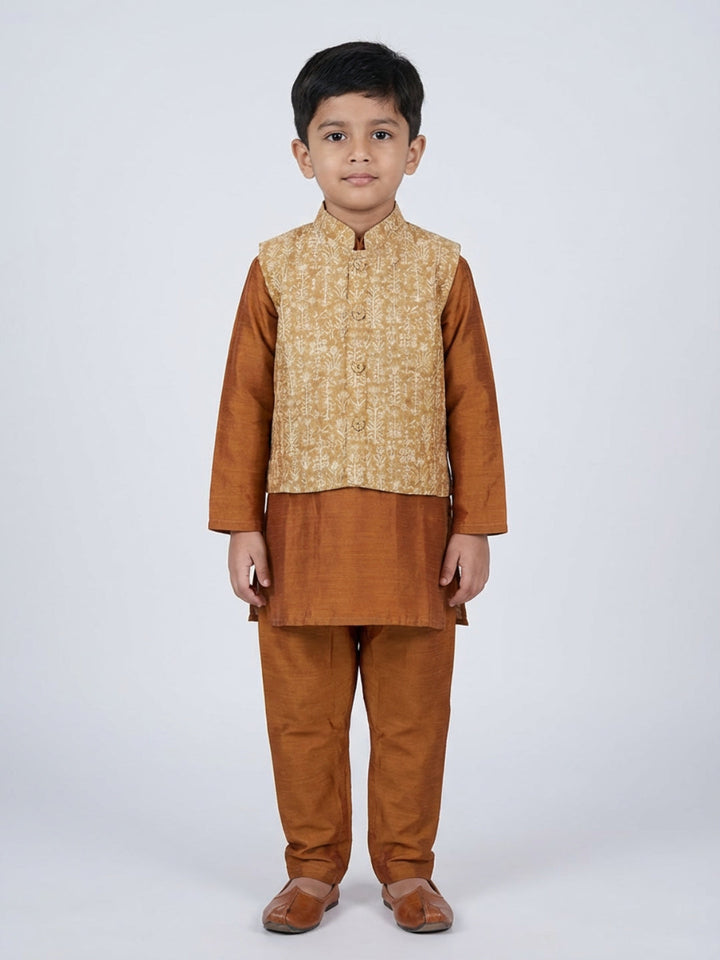 Boys Solid Brown Straight Kurta & Pyjama Set with Nehru Jacket