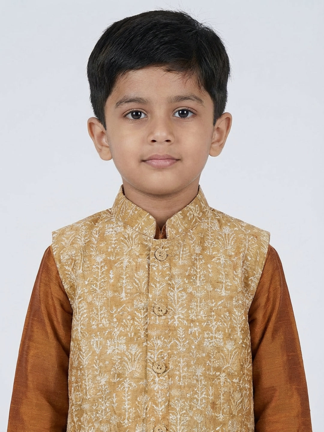 Boys Solid Brown Straight Kurta & Pyjama Set with Nehru Jacket