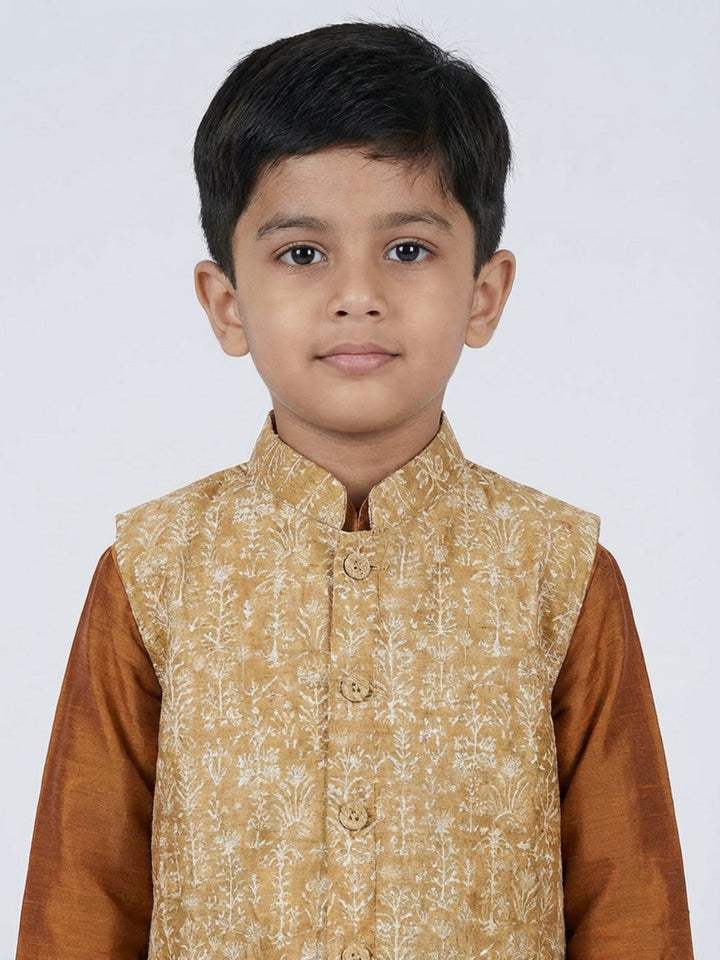 Boys Solid Brown Straight Kurta & Pyjama Set with Nehru Jacket