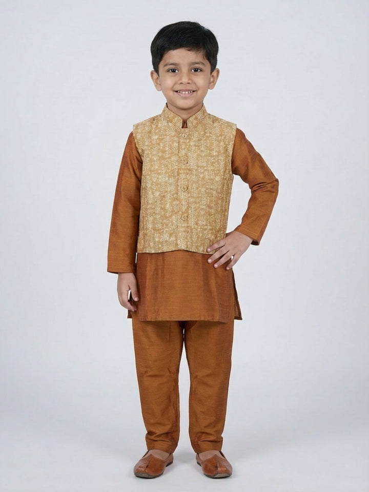 Boys Solid Brown Straight Kurta & Pyjama Set with Nehru Jacket