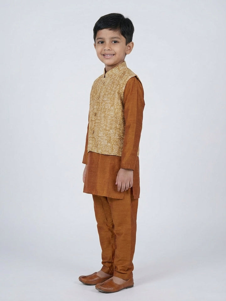 Boys Solid Brown Straight Kurta & Pyjama Set with Nehru Jacket