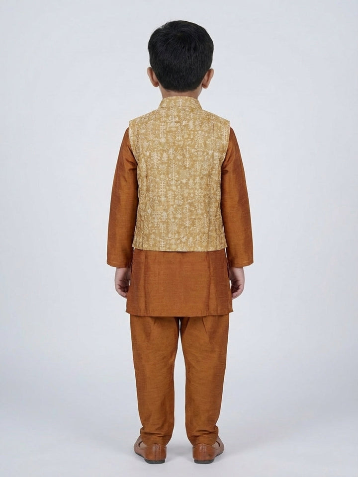 Boys Solid Brown Straight Kurta & Pyjama Set with Nehru Jacket