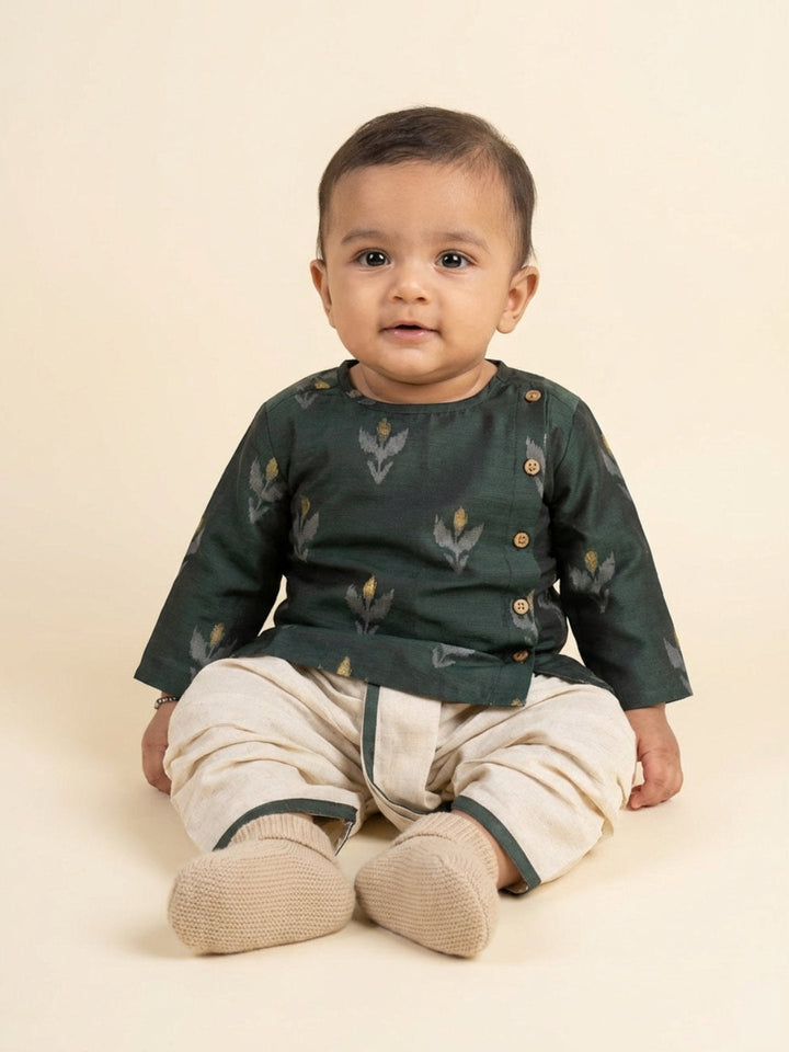 Boys Green Round Neck Full Sleeves Angrakha Kurta and Dhoti Pants Set | SHOBITAM
