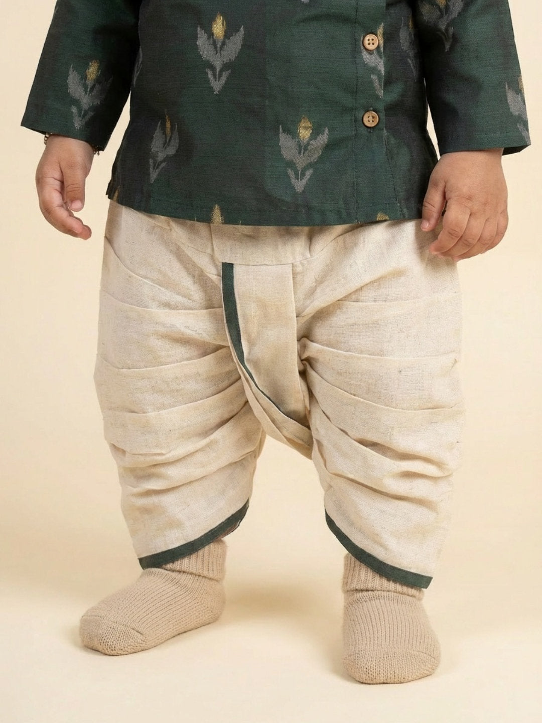 Boys Green Round Neck Full Sleeves Angrakha Kurta and Dhoti Pants Set | SHOBITAM
