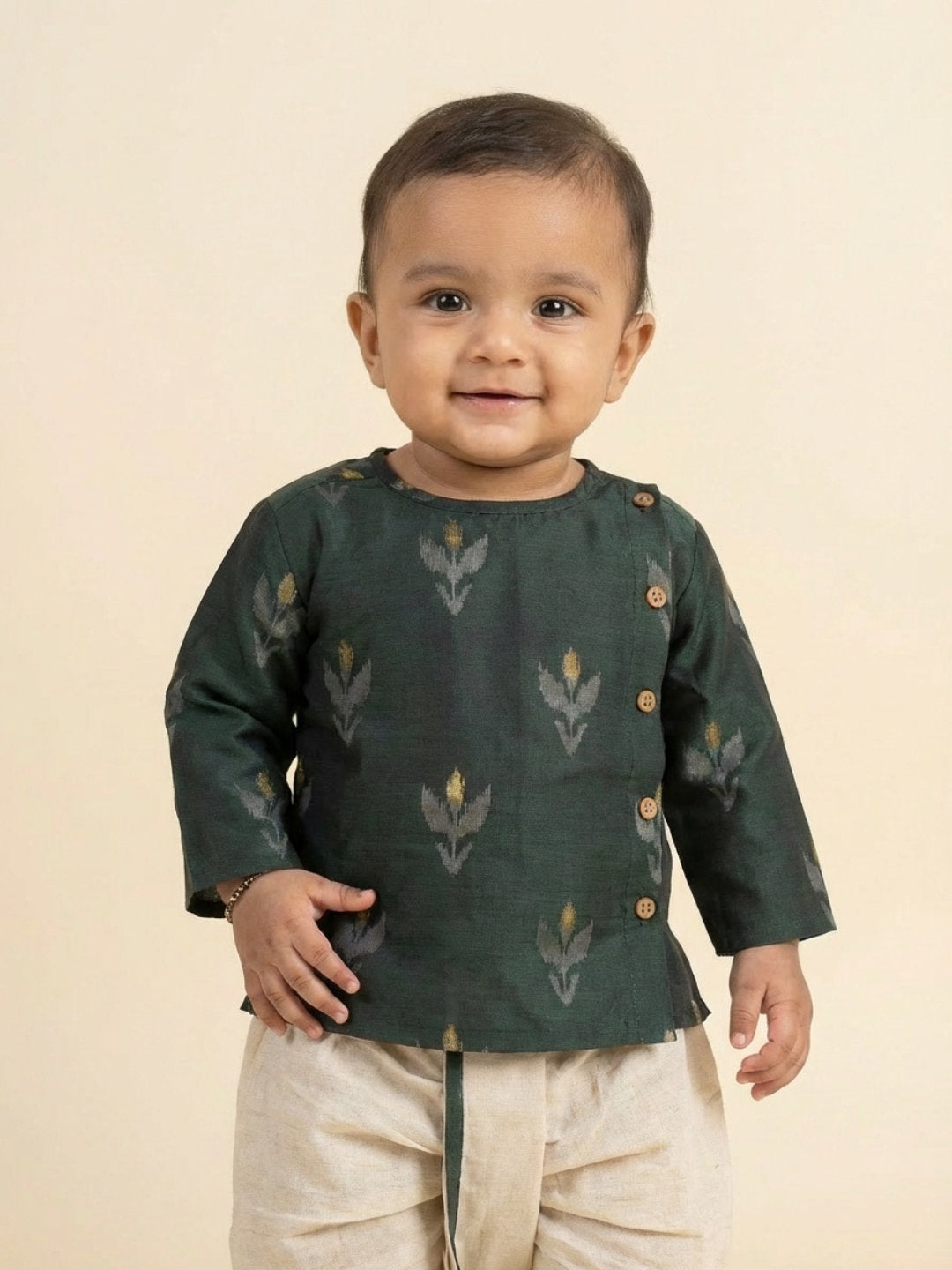 Boys Green Round Neck Full Sleeves Angrakha Kurta and Dhoti Pants Set | SHOBITAM
