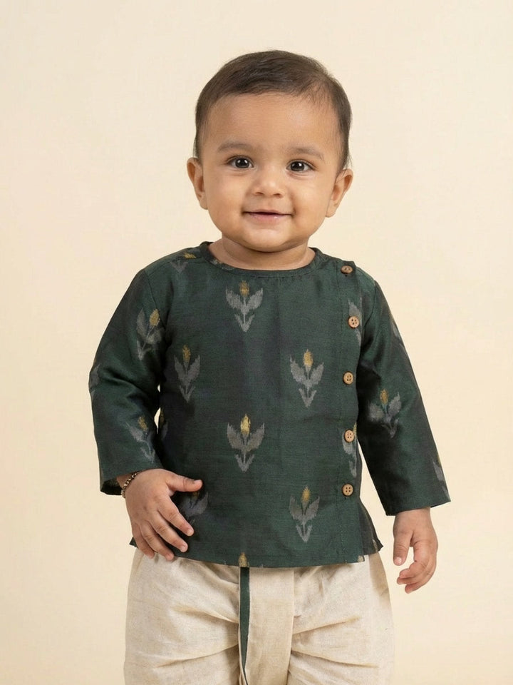 Boys Green Round Neck Full Sleeves Angrakha Kurta and Dhoti Pants Set | SHOBITAM