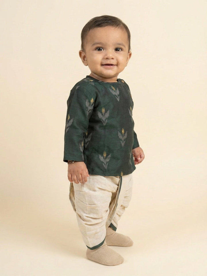 Boys Green Round Neck Full Sleeves Angrakha Kurta and Dhoti Pants Set | SHOBITAM