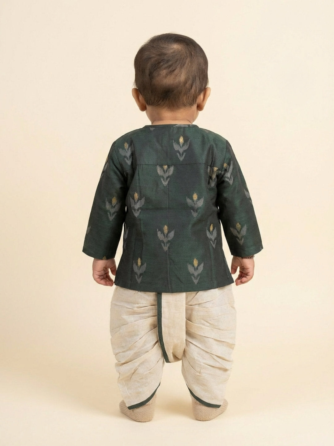 Boys Green Round Neck Full Sleeves Angrakha Kurta and Dhoti Pants Set | SHOBITAM