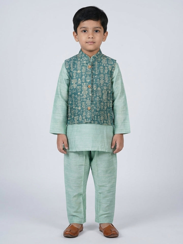 Boys Solid Green Straight Kurta & Pyjama Set with Nehru Jacket