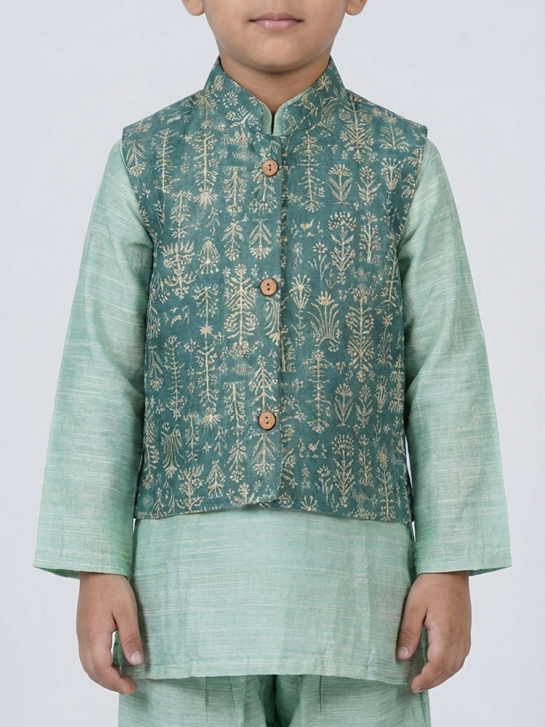 Boys Solid Green Straight Kurta & Pyjama Set with Nehru Jacket