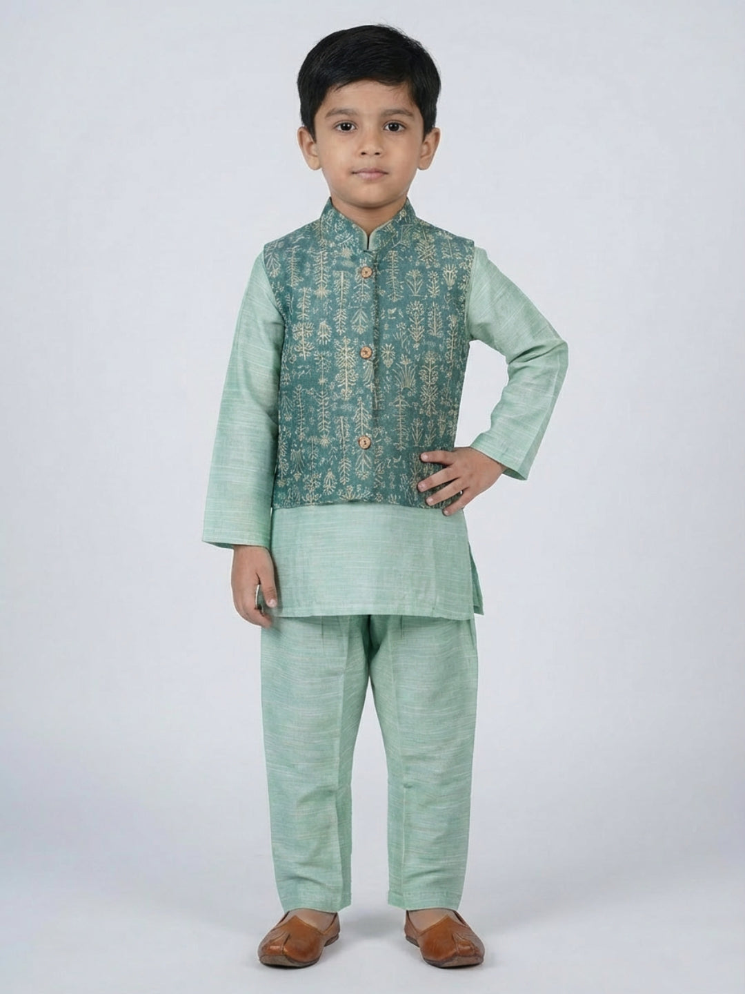 Boys Solid Green Straight Kurta & Pyjama Set with Nehru Jacket