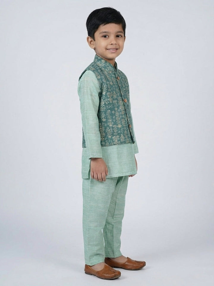 Boys Solid Green Straight Kurta & Pyjama Set with Nehru Jacket