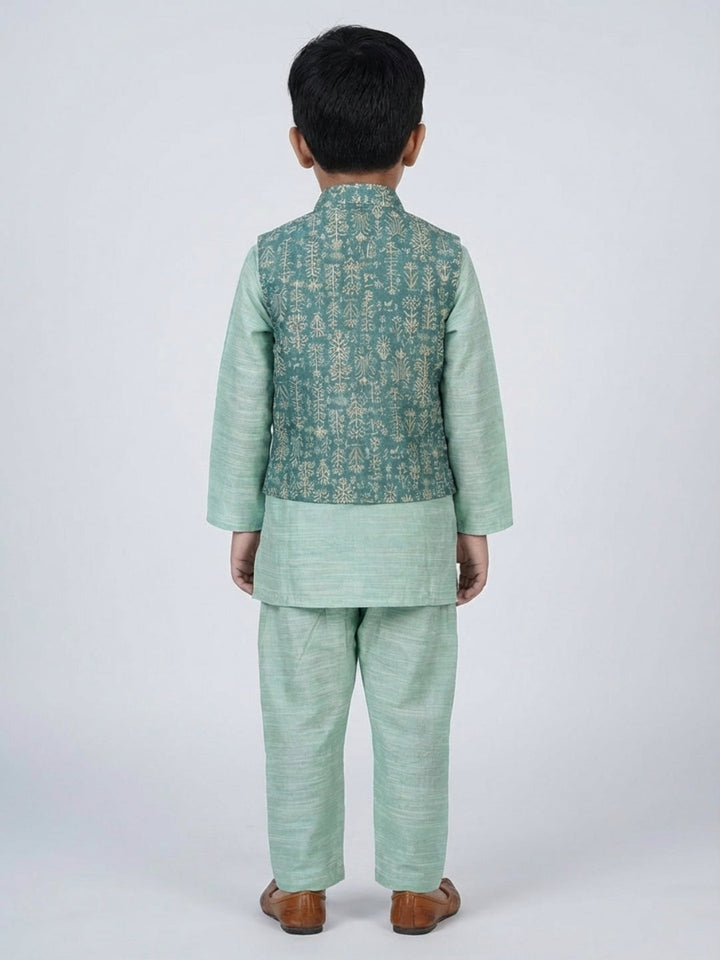 Boys Solid Green Straight Kurta & Pyjama Set with Nehru Jacket
