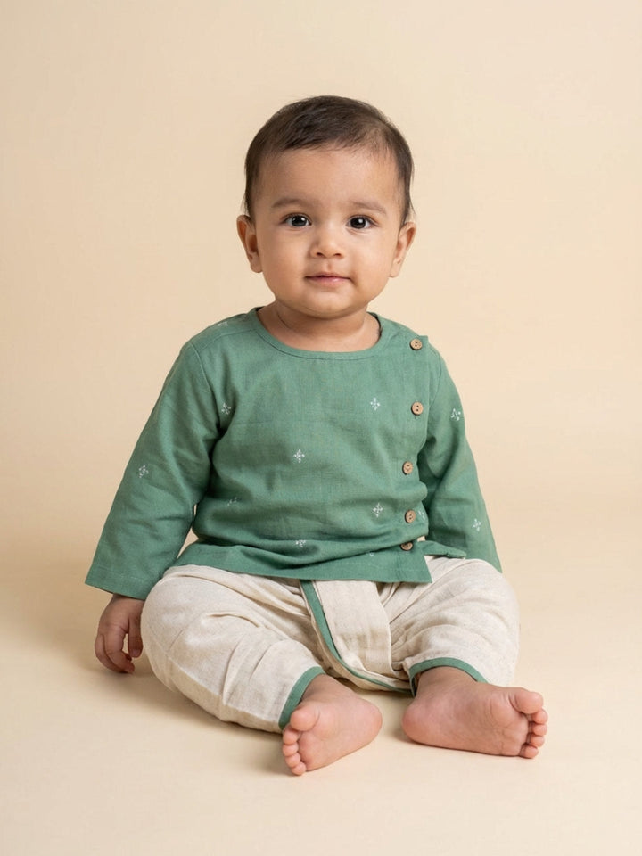 Boys Green Round Neck Full Sleeves Angrakha Kurta and Dhoti Pants Set | SHOBITAM