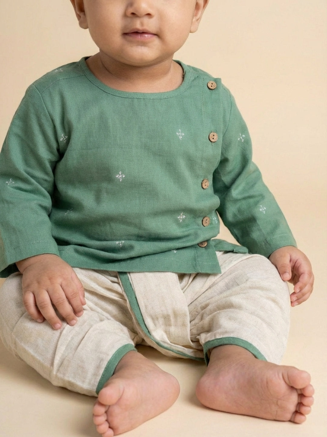 Boys Green Round Neck Full Sleeves Angrakha Kurta and Dhoti Pants Set | SHOBITAM