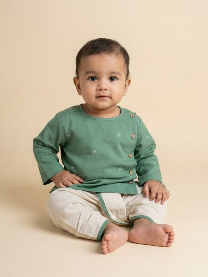 Boys Green Round Neck Full Sleeves Angrakha Kurta and Dhoti Pants Set | SHOBITAM