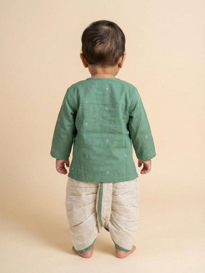 Boys Green Round Neck Full Sleeves Angrakha Kurta and Dhoti Pants Set | SHOBITAM