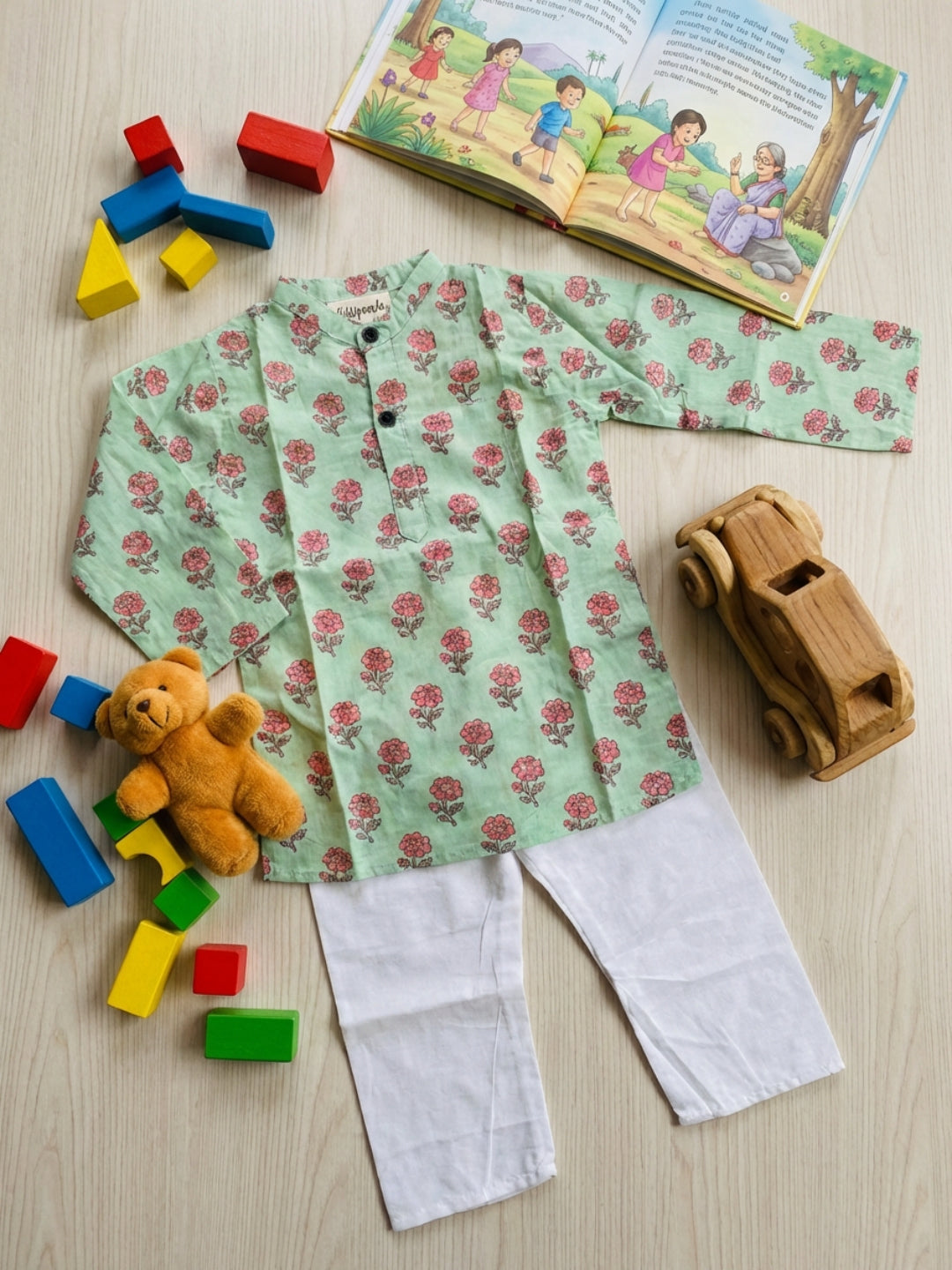 Boys Green Floral Print Mandarin Collar Full Sleeves Straight Kurta Pyjamas Set