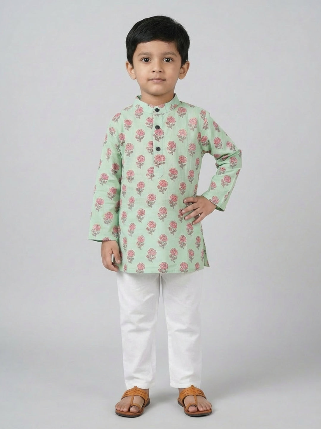 Boys Green Floral Print Mandarin Collar Full Sleeves Straight Kurta Pyjamas Set